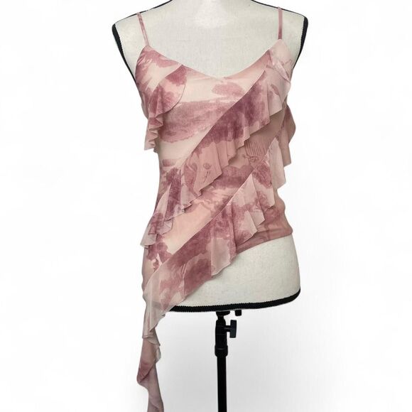 Thirty Thirty Asymmetrical Ruffle Mesh Cami Top Fairy Blouse Pink White Size S - Picture 1 of 7